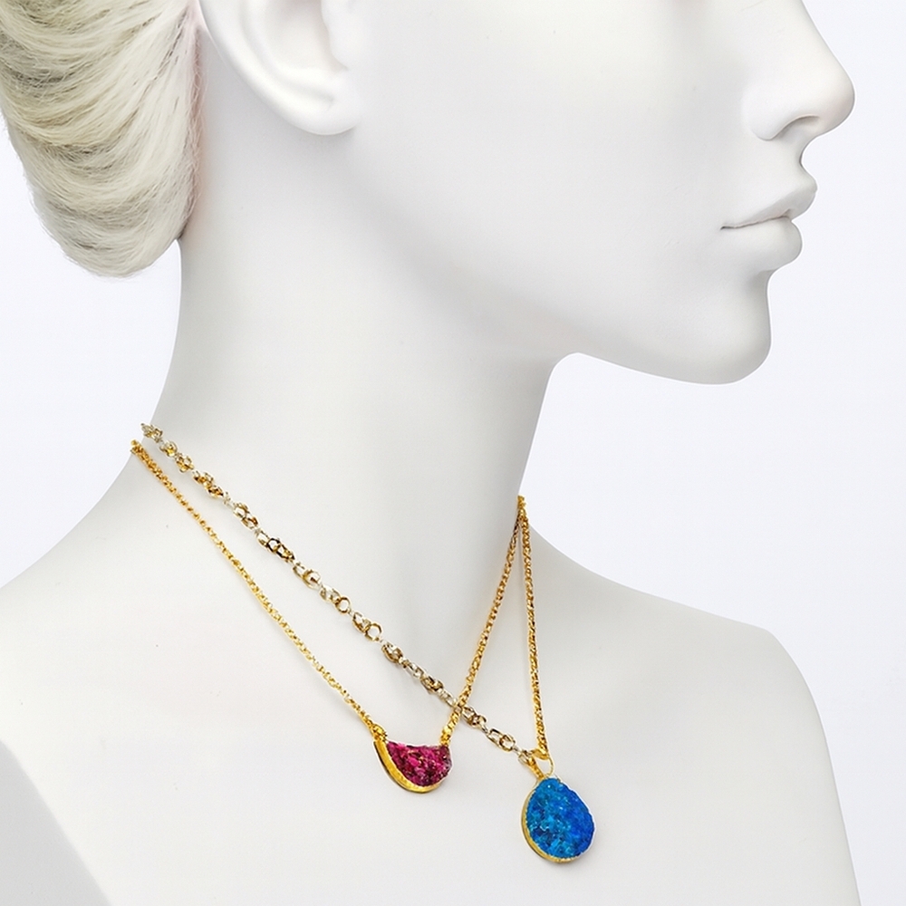 Gold Double-Layer Necklace – Textured Dual Color Pendant & Chain, 18" Jewelry